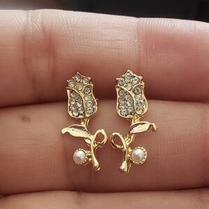 Gold Rhinestone Rose Earrings